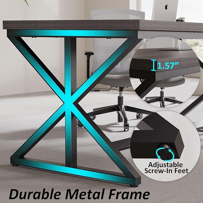 IBF 60 Inch Long Office Desk Modern Metal Wooden Grey Writing Study Computer Desk for Bedroom Farmhouse Big Simple Home Office Desks Executive Work Pc Table for Student Dark Gray Oak