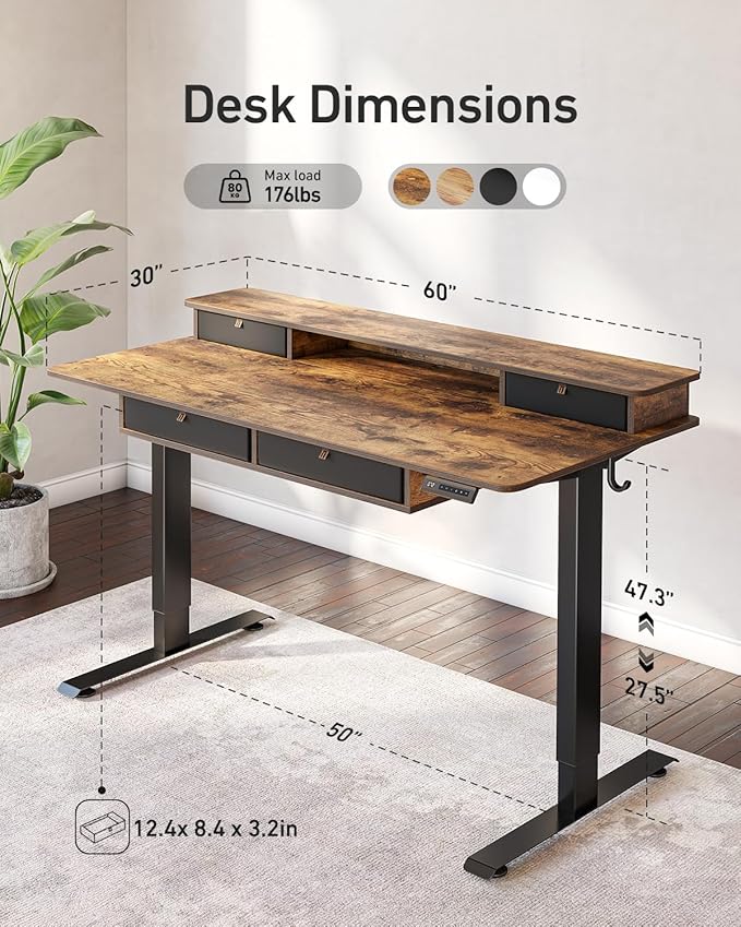 CubiCubi 60 x 30 Standing Desk with Drawers Height Adjustable Electric Workstation Computer Sit Stand Up Table with Large Storage Shelf 4 Drawers and 2 Hooks Rustic Brown