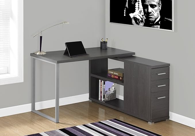 Computer Desk Home Office Corner Left Right Set-up Storage Drawers L Shape Work Laptop Grey Laminate Metal Contemporary Modern