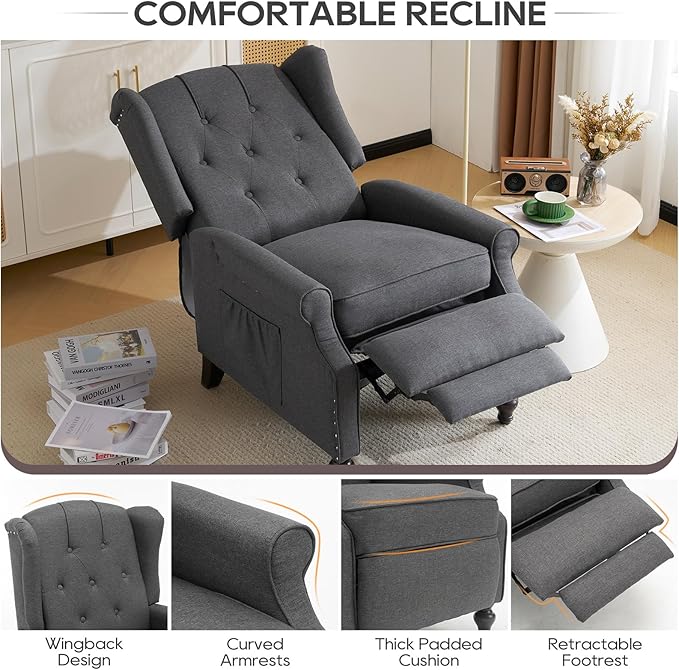 Wingback Recliner Chair with Massage and Heat Upholstered Fabric Living Room Chair Armchair with Nailhead TrimPush Back Recliner Chair with Remote ControlPadded Cushion (2 * Grey)