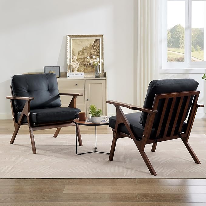 STHOUYN Black Leather Office Accent Chair Set of 2 Office Lounge Chair with Wooden Arms Mid Century Modern Chair Side Arm Chairs for Living Room Comfy Guest Waiting Room Chairs (2 Black)