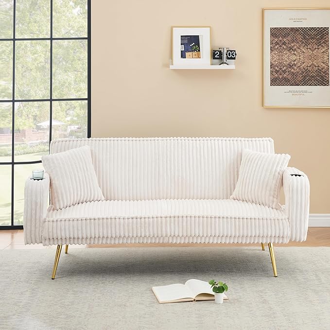 74 Modern Corduroy Sofa Bed FutonConvertible Sleeper Bed Couch with Dual Cup Holder4 Reclining PositionsFolding Cloud Sofa Loveseat for Small Living Room Apartment Office (Beige)
