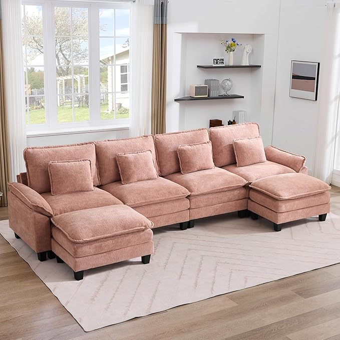 IPKIG 154 Modular Sectional Sofa Velvet U-Shaped Sectional Couch Comfy Upholstered Seat Sofa with Ottoman Deep Seat Cloud Couch Sofa for Living Room Pink | 2 Layer Cushion Cloud Couch Modular Se