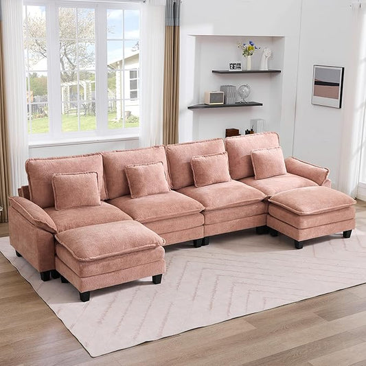 IPKIG 154 Modular Sectional Sofa Velvet U-Shaped Sectional Couch Comfy Upholstered Seat Sofa with Ottoman Deep Seat Cloud Couch Sofa for Living Room Pink | 2 Layer Cushion Cloud Couch Modular Se