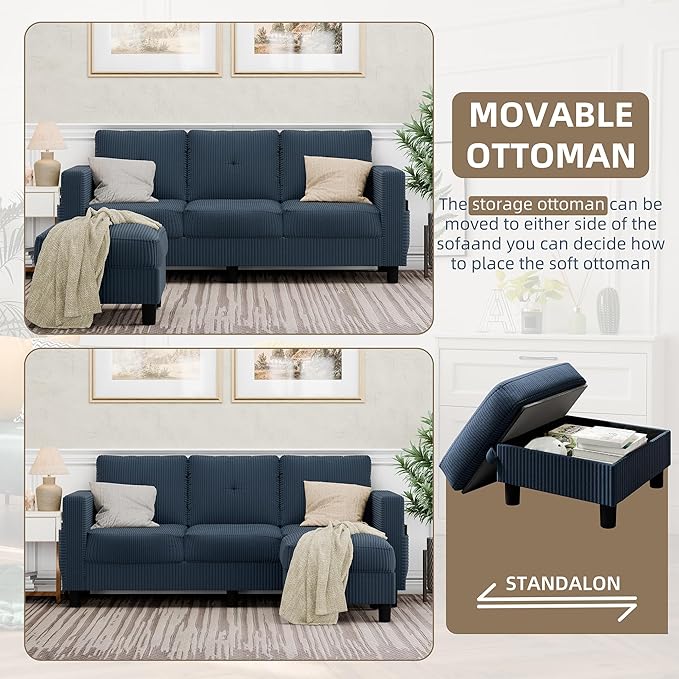 JAMFLY Convertible Sectional Couches for Living Room L-Shaped Couch 3 Seat Sectional Sofa Set with Polyester Fabric and Movable Ottoman Small Couch for Apartments Office(Blue)
