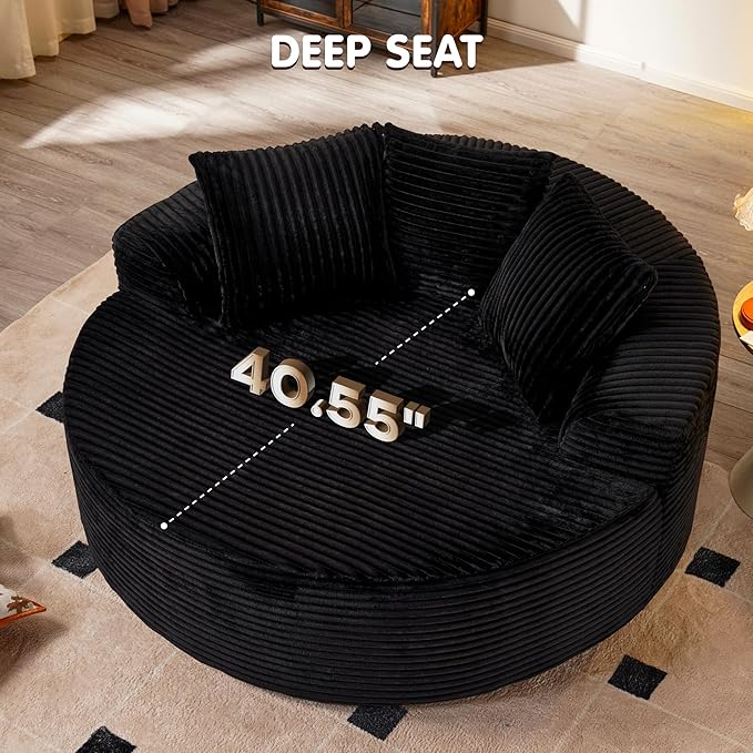 ovios 58 Oversized Round Chair Lounge Chaise Indoor No Assembly Required Cloud Large Circle Chair with Plush Fuax Fur Fluffy Modern Sleeper Sofa Bed for Reading Yoga Black (Plush Corduroy Fabric)