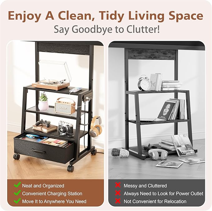 Rolling TV Stand with Wheels and Mount - Small Corner TV Stand with Power Outlet for 32-55 inch TV Entertainment Center with Fabric Drawer Storage for Living Room Bedroom Black