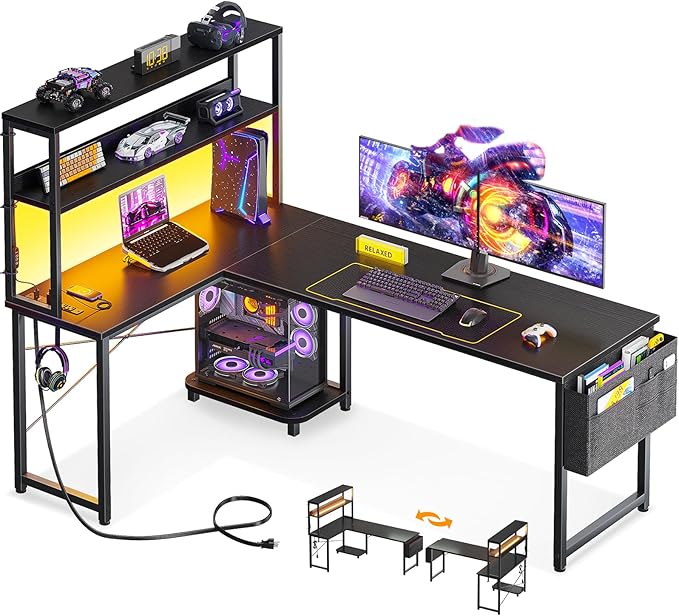 ODK 61 Inch L Shaped Desk with LED Lighting Reversible Gaming Desk with Power Outlets Cornor Computer Table with Storage Shelves &amp Bag &amp Iron Hook Home Office Table for Writing Study Blac