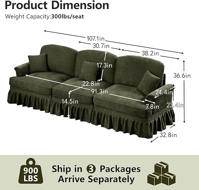 107.1 3-Seater Modular Sectional Sofa Cloud Couch with Deep Seat Removable Pleated Skirt Chenille Sofa for Living Room Office (Green)