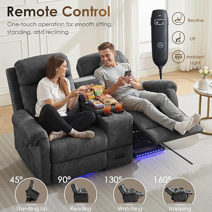 SAMERY Loveseat Recliner Sofa Power Lift Recliner for Elderly with Massage and Heat Electric Reclining Loveseat Sofa Couch with Console Cup Holder Outlets USB Drawer (Gray Lift Loveseat) | Easy