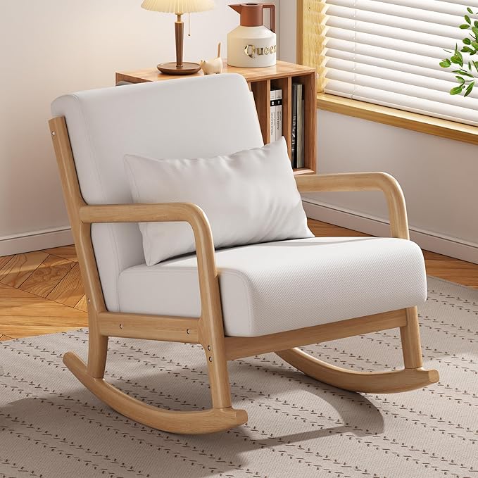 Solid Wood Reclining Accent Chair Mid-Century Modern Lounge Armchairs Fabric Upholstered Soft Comfy Living Room Chairs with Armrest Waist Pillow for Office Reading Waiting Room (Off-White)