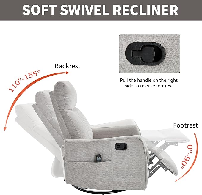 360°Rotating Heated Massage Chair with 8 Vibrating nodesComfortable Rocking Chaise Lounge with Black Metal Base Single Sofa for Living RoomBedroomOfficeLight Gray Chenille