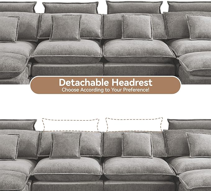 134'' Cloud Modern 4 Seater Couch with Detachable Headrest Modular Sectional Sofa with 2 Ottoman Oversized U Shape Chenille Comfy Sofa with Armrests for Living Room Light Grey