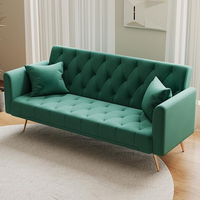 71 Convertible Folding Sleeper Sofa CouchModern Velvet Loveseat Sleeper with 2 Pillows Futon Sofa Bed with Mattress and Frame for Living RoomBedroomSmall Space (Green)