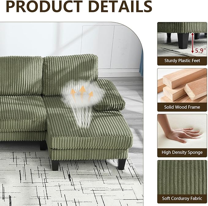 114.2 U-Shaped Sectional Sofa for Living Room Corduroy U-Shaped Couch with Double Chaises 4-Seater Comfy Cloud Sofa for Home Furniture Office &amp Small Space (Green)