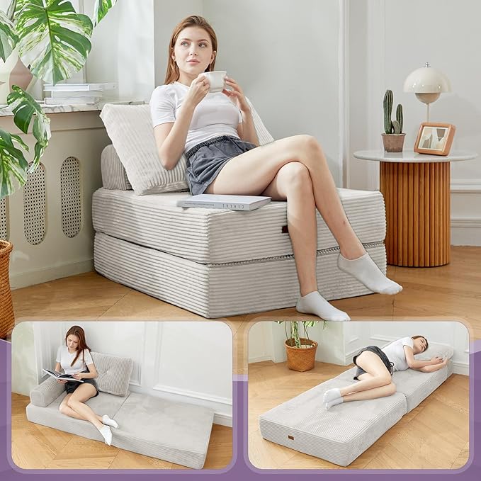 Folding ChairSleep Chair with High-Density Support FoamPortable 3 in 1 Fold Out Chair with Back Support and Pillow for Bedroom、Balcony、Hotel、ApartmentSingleSilver Gray