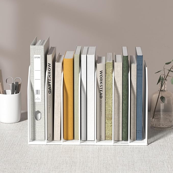 Metal 7 Section File Folder Organizer for Desk | Vertical Office File Holder | Heavy-Duty Mesh Document Sorter for Books Binders Laptops | Desk Organizer7 Sections White