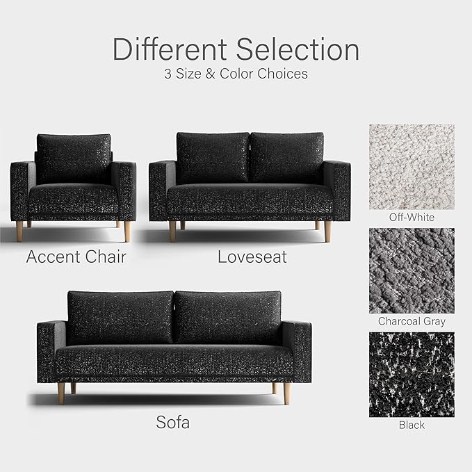 Furniture of America Oriana Contemporary Boucle Sofa Couch with Back Pillows and Wooden Legs Comfy Fabric Upholstered 3 Seater Couch for Living Room Bedroom Home Office Black
