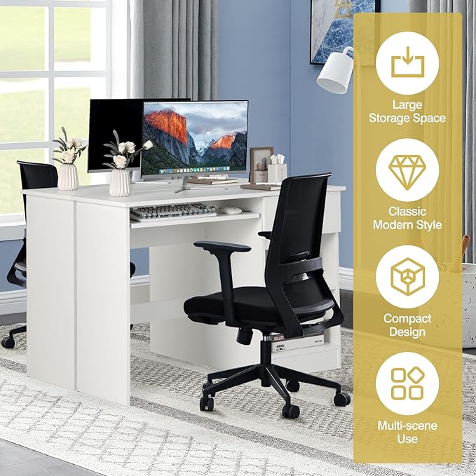 GOFLAME Home Office Desk with Drawer Wooden Storage Computer Desk with Keyboard Tray &amp Adjustable Shelves Executive Table Makeup Vanity Table Desk for Bedroom Small Space White