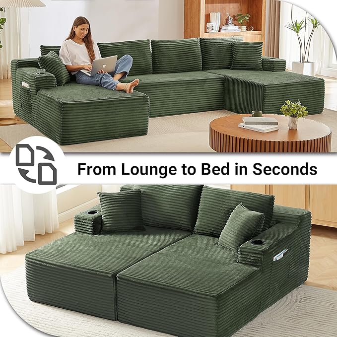 134 Cloud Couch Sectional Modular Sofa with Cup Holder and Storage Pocket Corduroy U Shaped Boneless Sofas Couch in a Box No Assembly Required Green Couches for Living Room