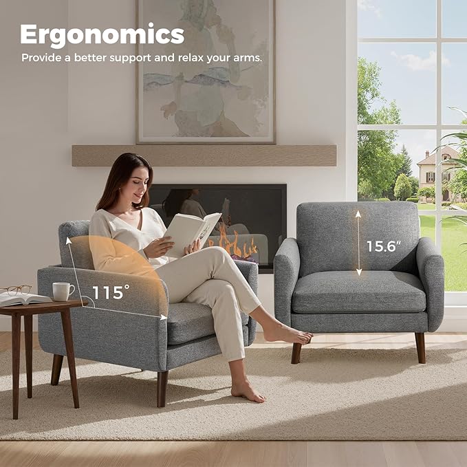 Oversized Accent Chair for Living Room 37 Mid-Century Modern Comfy Reading Chair Linen Fabric Solid Wood Frame Armchair Upholstered Grey Accent Chairs for Adults Living Room Chairs