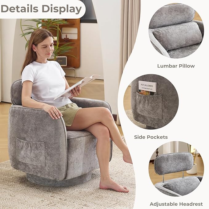 Large Swivel Accent Chair Chenille Round Barrel Chair Upholstered Armchair for Living Room Bedroom Modern Round Armchair Single Sofa with Adjustable Headrest Grey