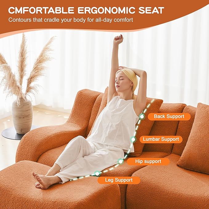 Modular Sectional Sofa for Living Room 148 U-Shaped Orange Boneless Cloud Couch with 2 Ottoman4-Seat Teddy Fabric Sofa Deep Seat Curved ArmrestStreamlined Ergonomic Design