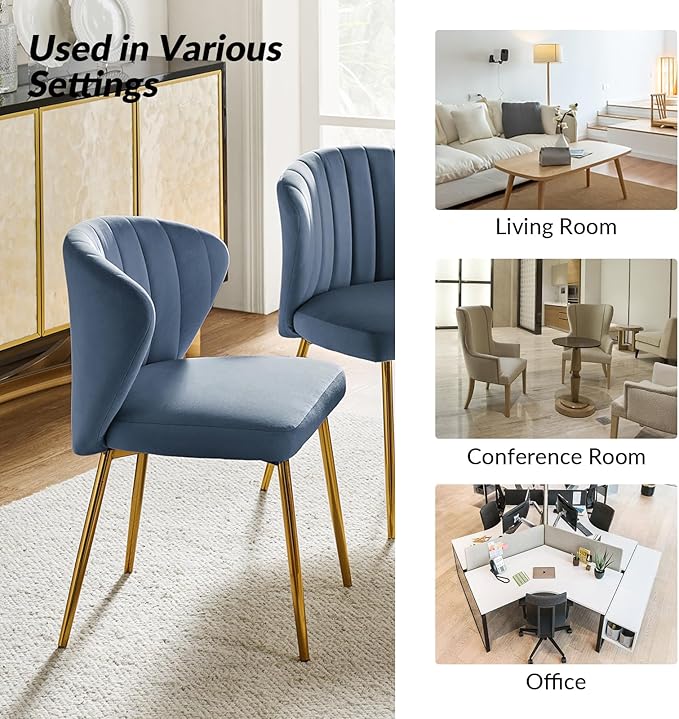 HULALA HOME Velvet Dining Chairs Modern Small Armless Accent Chair with Gold Metal Legs Living Room Upholstered Cute Side Chair Elegant Tufted Back Vanity Chair for Bedroom Slate-Blue