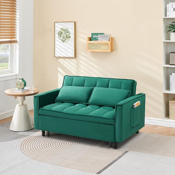 3 in 1 Convertible Sofa BedModern Velvet Loveseat Sleeper Sofa Bed with Adjustable Backrest Storage Pockets and PillowsSuitable for Living RoomGuest RoomGreen