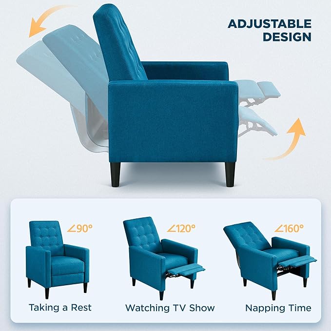 Topeakmart Mid-Century Modern Fabric Recliner Modern Tufted Reclining Single Sofa for Living Room Padded Cushion Home Theater Seat Blue