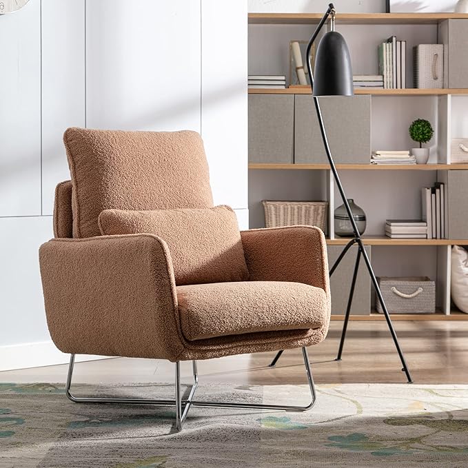 Modern Comfy Leisure Accent Chair Teddy Short Plush Particle Velvet Armchair with Lumbar Pillow for Living Room