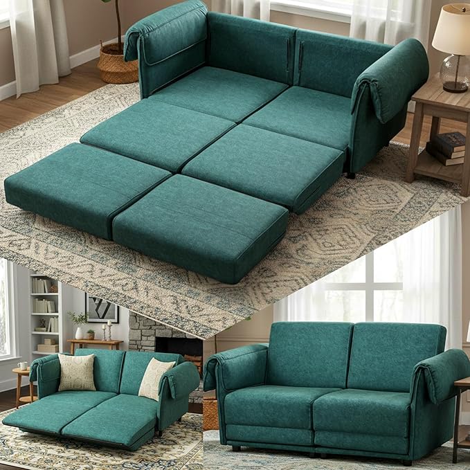 FHFO Convertible Couch Bed Queen 65 Loveset Small Couch for Small Spaces 3 in 1 Pull Out Sofa Bed Convertible Sleeper Sofa Comfy Sofabed for Living Room Bedroom Apartment (Green)