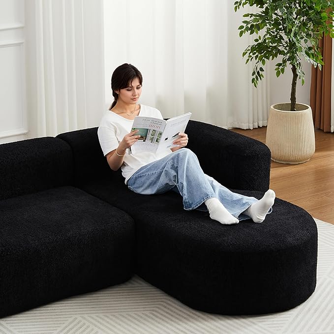 KEIKI 109.4 Curved Sectional Sofa Chenille Cloud Couch with 2 Pillows L-Shape Boneless Right Facing Sofa for Living Room Guest Bedroom Black