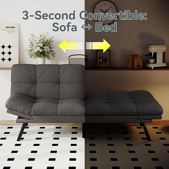 Opoiar Convertible Futon Sofa Bed Grey Linen Futon Couch with Adjustable Backrest &amp Armrests Folding Small Recliner Sleeper Sofa Bed for Living Room Apartment Office