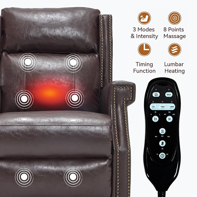 KEIKI Oversized Recliner Chair Manual Leather Recliner Chair with 8 Vibration Back Massager and Heating for Living Room Rocking Chaise Lounge Chair Indoor Antique Brown