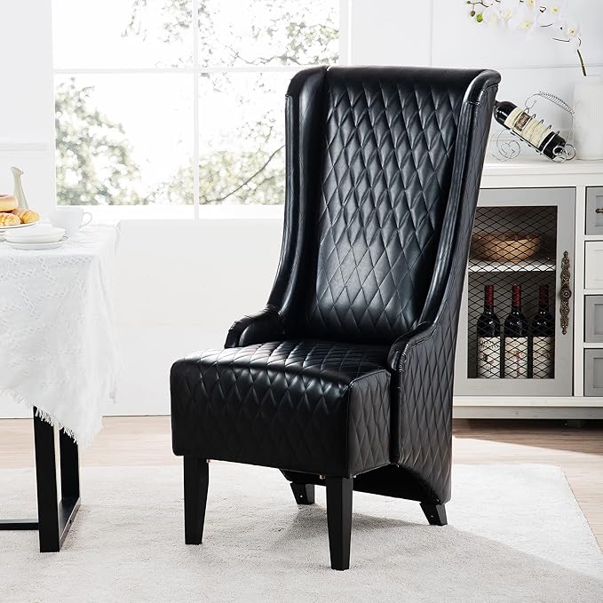 Dining Chair Comfy High Wingback Accent Chair for Dining Table PU Leather Upholstered Accent Side Chairs with Soft Padded &amp Wooden Legs for Living Room Dining Room Bedroom (Black)