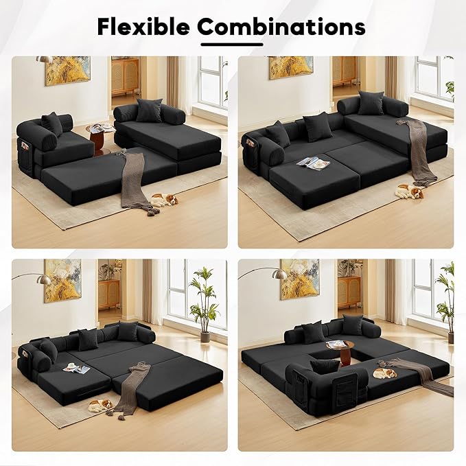 Modular L Shaped Sofa Bed with Cylindrical Pillow &amp Reversible Chaise Corduroy Convertible Floor Boneless Sofa Couch Bed with Fixed-Shape Frame &amp Storage Pocket for Living Room Black