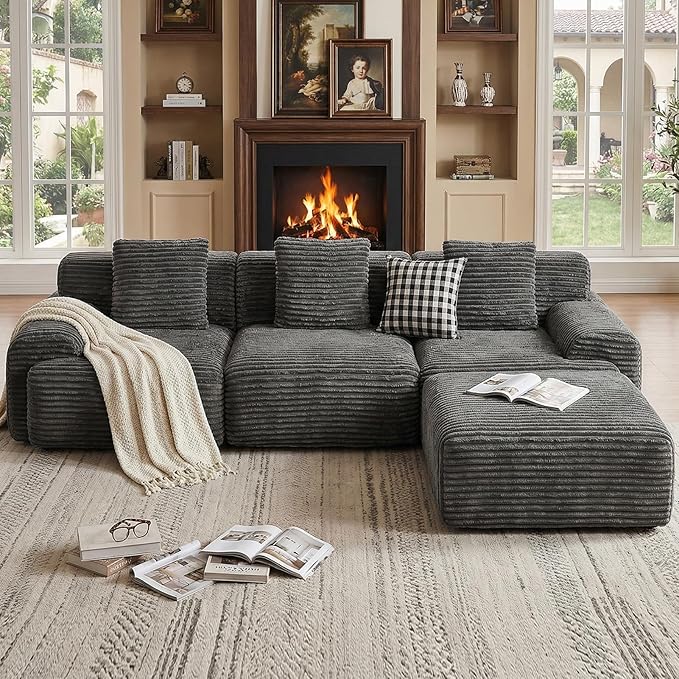 VK·LIVING 113 Cloud Sectional Couch Deep Seat Boneless Sofa with Wide Armrests 16.5'' Height Modular Plush Corduroy Memory Foam Couch for Living Room Office No Assembly Dark Gray