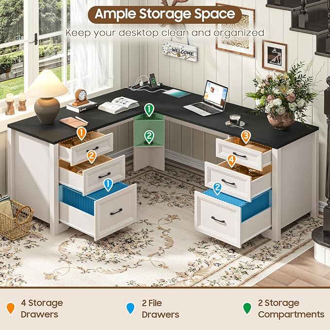 Vabches Wood L Shaped Executive Desk with 6 Drawers Farmhouse Home Office Desk with Power Outlets and Triangle Under-Desk Storage Shelf &amp Drawer File Cabinet Corner Computer Desk Black