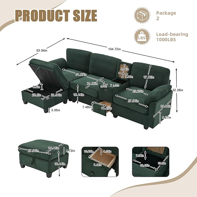 KEIKI 105 L-Shaped Oversized Corduroy Modular Sectional Sofa with 1 Ottoman and Multi Functional Console 4-Seater Upholstered Couch with USB and 2 Cup Holder Easy Assembly for Living Room Emerald