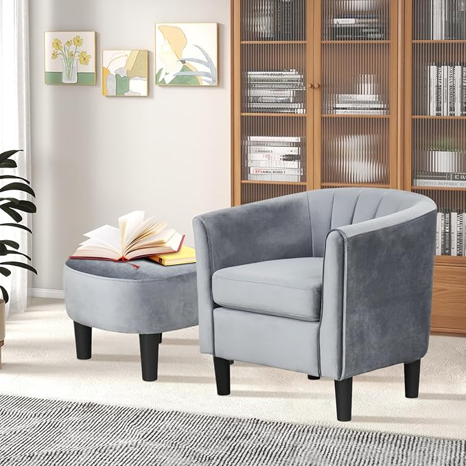 Giantex Modern Accent Chair with Ottoman Upholstered Teddy Velvet Barrel Club Chair w/Footrest Curved Backrest &amp Armrests Non-Slip Felt Pads Comfy Accent Arm Chair for Living Room Bedroom Gr