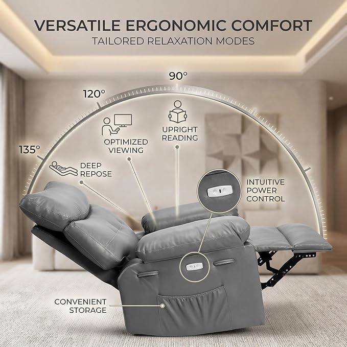IDEALHOUSE Recliner Chair 22 Wide Seat Recliner Oversized PU Leather Living Room Chairs Wipe Clean Manual Push-Back Reading Chair with Side Pocket Grey