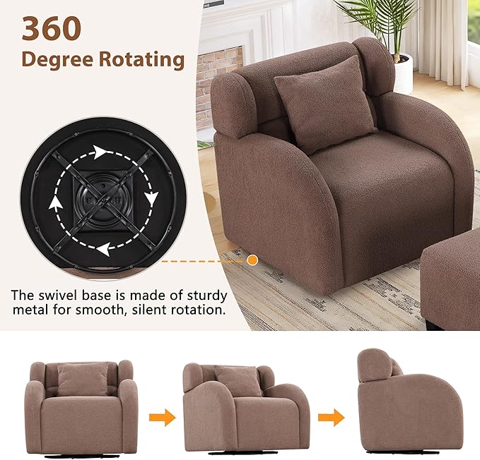 Swivel Accent Chair with Ottoman Teddy Short Plush Particle Velvet Armchair360 Degree Swivel Barrel Chair with Footstool for Living Room Hotel Bedroom Office LoungeBrown