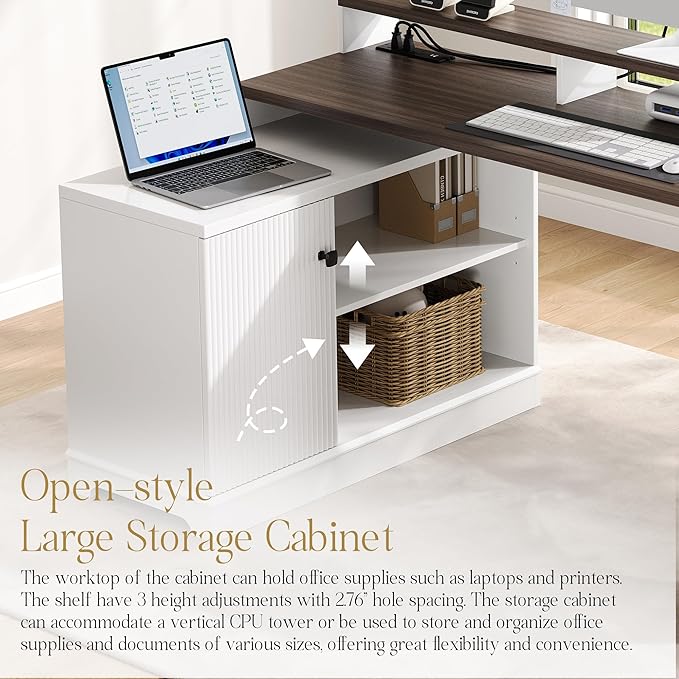 67 L Shaped Executive Desk with Drawers &amp Storage Shelf Corner Computer Desk with Power Outlets Home Office Desk with Monitor Stand Printer Shelf Computer Writing Desk for Work Antique White