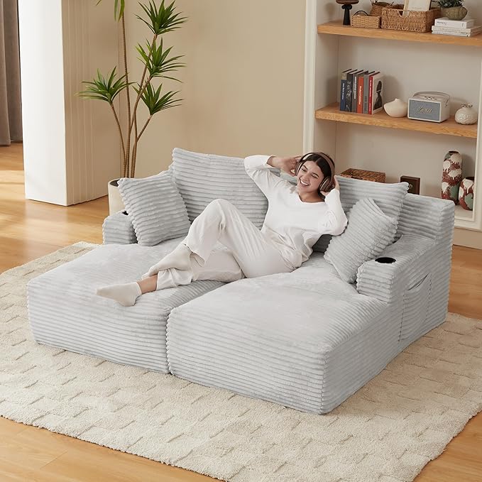 Double Chaise Lounge Sofa Boneless Cloud Couch Bed with Cup Holders and Side Pockets Comfy Deep Seat Sleeper Sectional Loveseat Chair for Living Room (Light Grey 2 Seat)