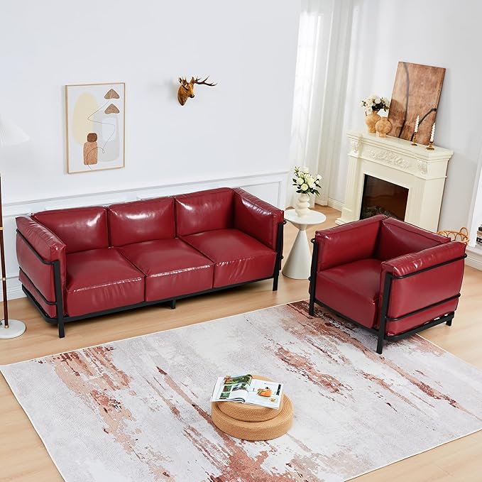2 Piece Living Room Sofa set Mid-Century Modern Upholstered Couch Chair Faux Leather Sofa Couch with Iron Frame and Upholstered Armrest Backrest Cushion for Living Room Office Apartment (Burgundy)