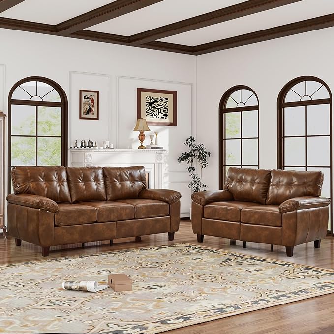 79 W Faux Leather Sofa Couch with Hidden Storage &amp Tufted Backrest Upholstered Mid Century Modern Couch Deep Seat Comfy Chesterfield Sofa for Living Room Bedroom Office(3 Seater Brown)