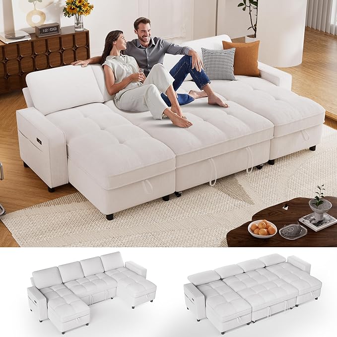 Sunny Heart Sleeper Sofa Bed 105 U Shaped Couch Sleeper Sofa Pull Out Couch Bed with Reclining Backrest | Double Storage Chaise | USB Ports | Side Pockets | Tool-Free Assembly | Chenille Beige