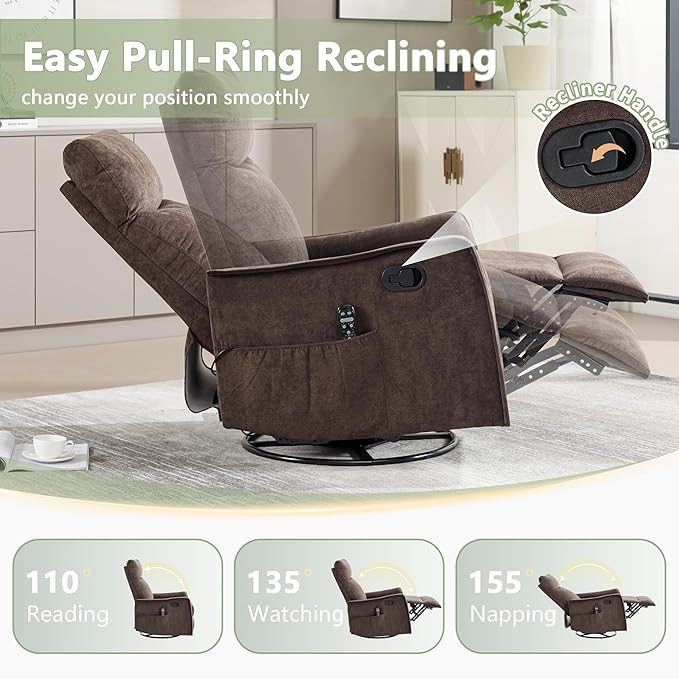cinkehome Swivel Rocker Recliner Glider Rocker Recliner Chair for Nursery Manual Reclining Chair with Heated Massage Small Spaces Living Room Linen Brown