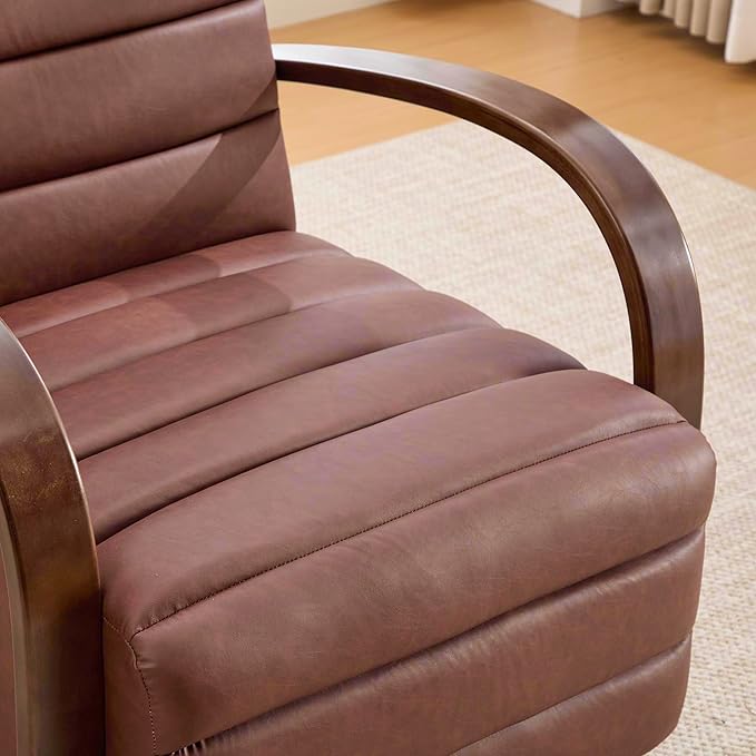 30.3 W Swivel Modern Boucle Upholstered Accent Chair with Solid Wood Armrests Comfy Lounge Reading Chair Side Armchair for Hotel Bedroom Living Room Office Nursery Room (Brown+PU)